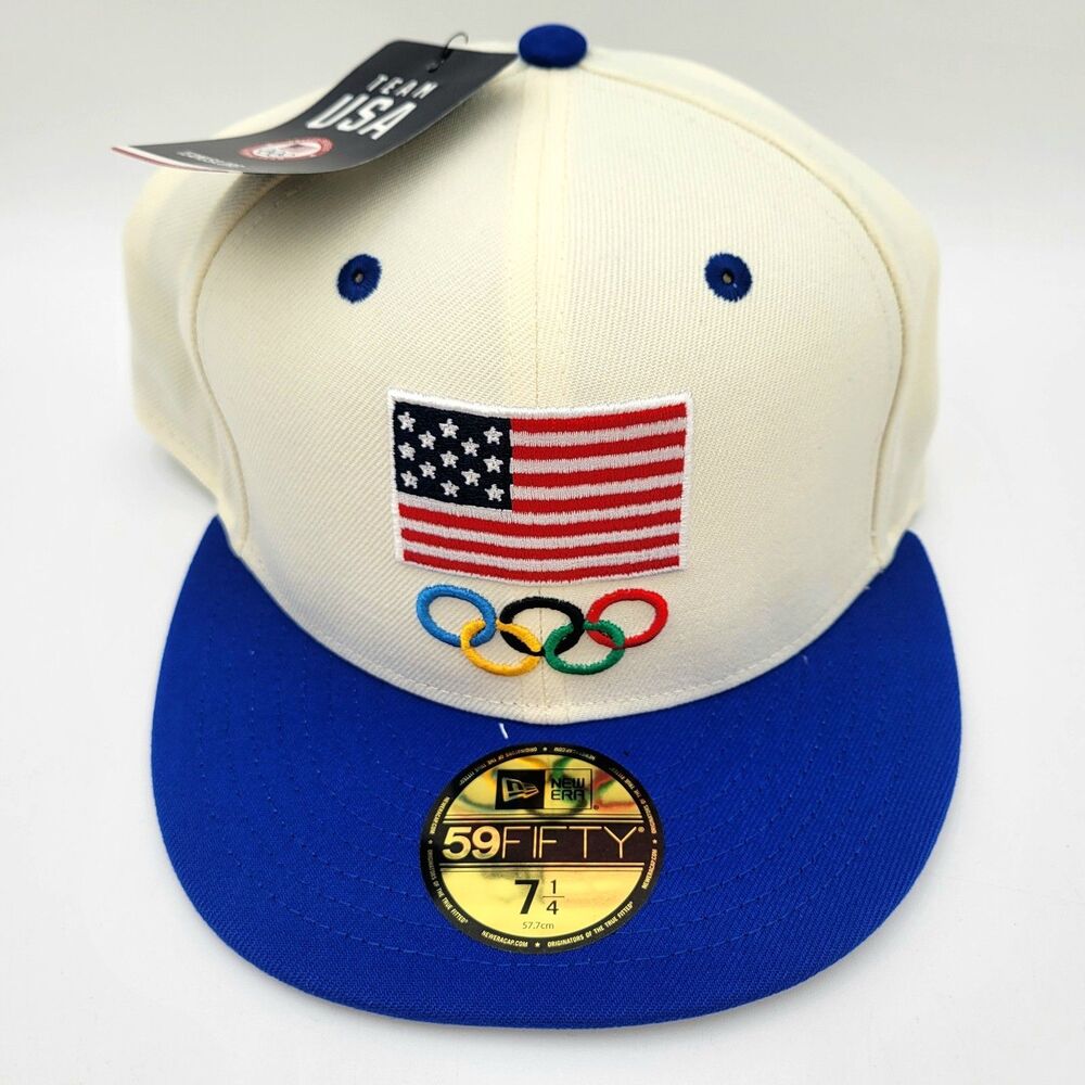7 1/4 New Era Team USA Olympics 59Fifty Patch Fitted Cap Hat Beige Blue Red